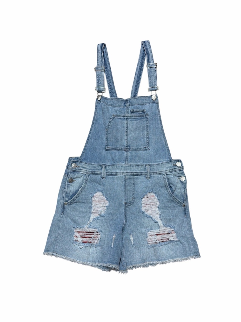 Almost Famous Shortalls Women’s 11 Light Wash Denim Overalls Shorts Distressed